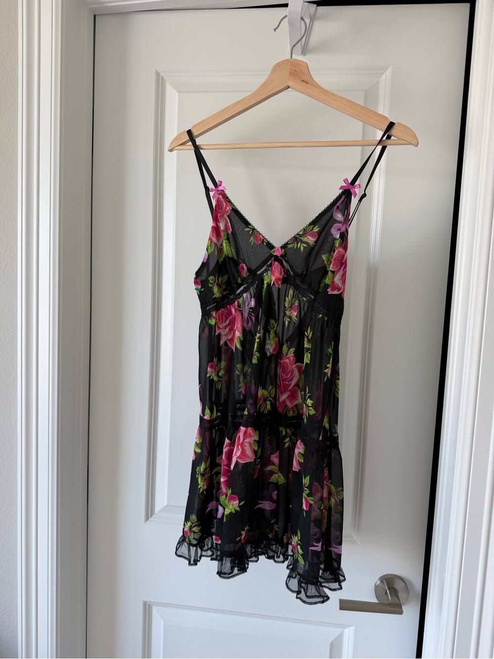 Betsey Johnson Black Sheer Floral Slip with Pink and Green Accents - Picture 2 of 5